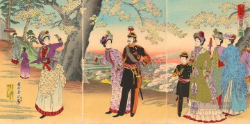  Damen Kunst - Der Kaiser Kaiserin Kronprinz und Hofdamen auf einem Ausflug in den Asuka Park Toyohara Chikanobu